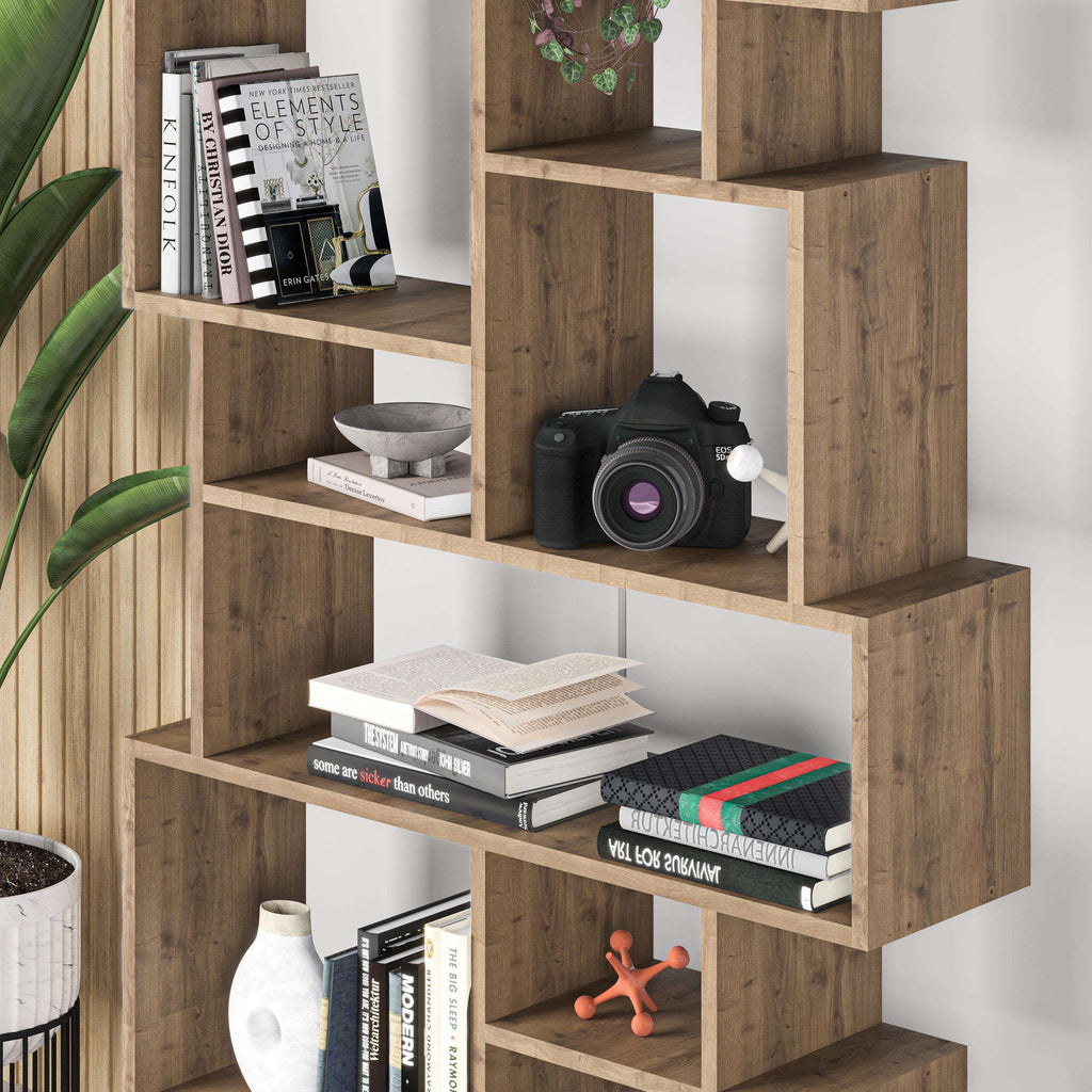 Oak and white tall bookcase display unit with open cubby shelves and book storage bays.