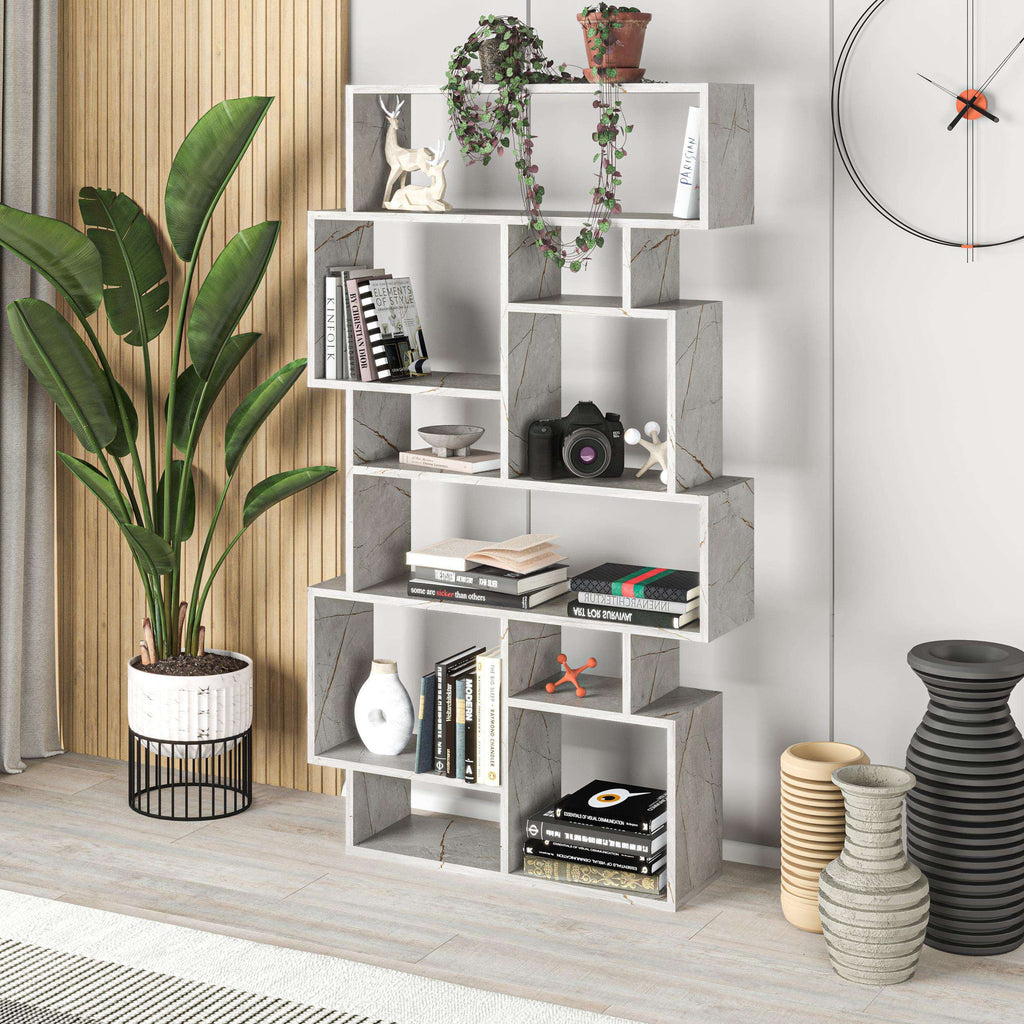 Grey and white tall open bookcase with cubby shelves for books and decor