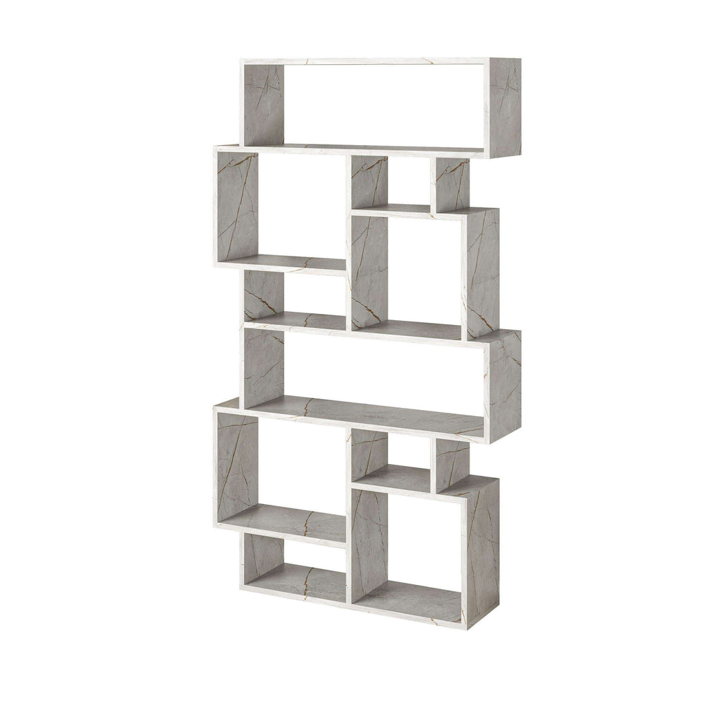 Modern bookcase display unit with open square cubbies, light concrete-look finish.