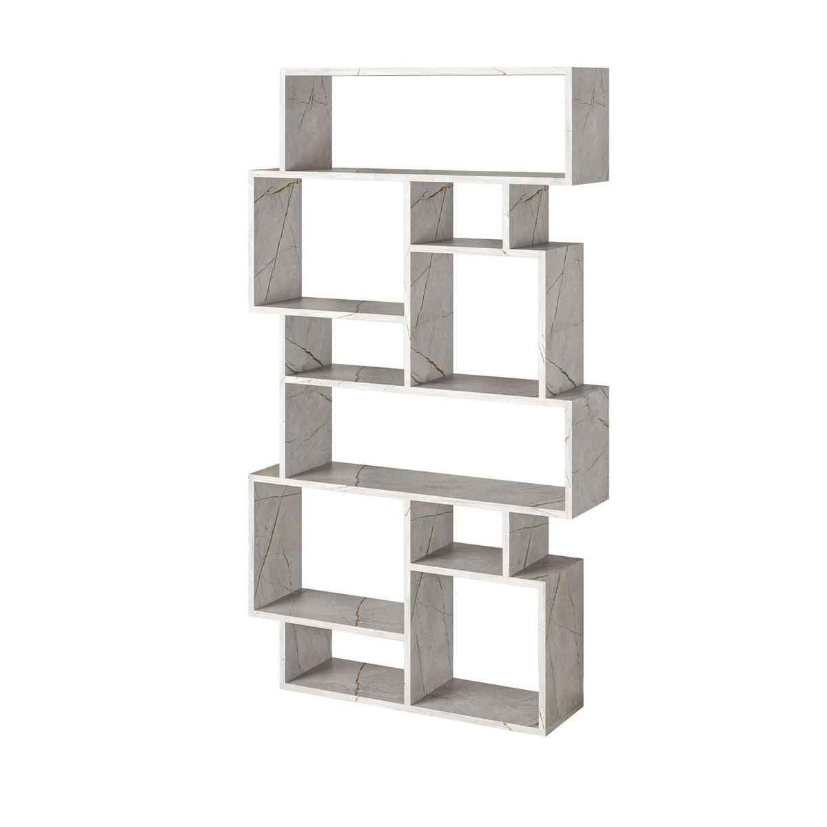 Modern bookcase display unit with open square cubbies, light concrete-look finish.