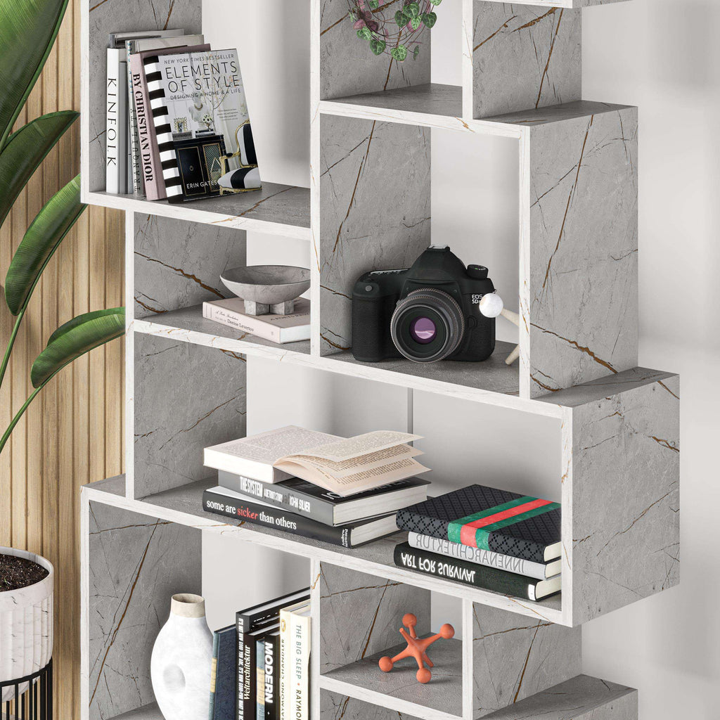 Tall bookcase display unit with grey marble-look panels and open shelves