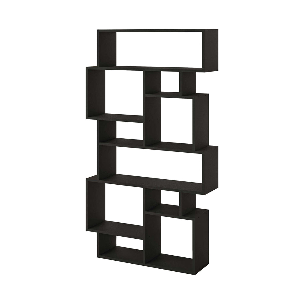 Tall modern bookcase display unit with open cubbies, dark charcoal finish.