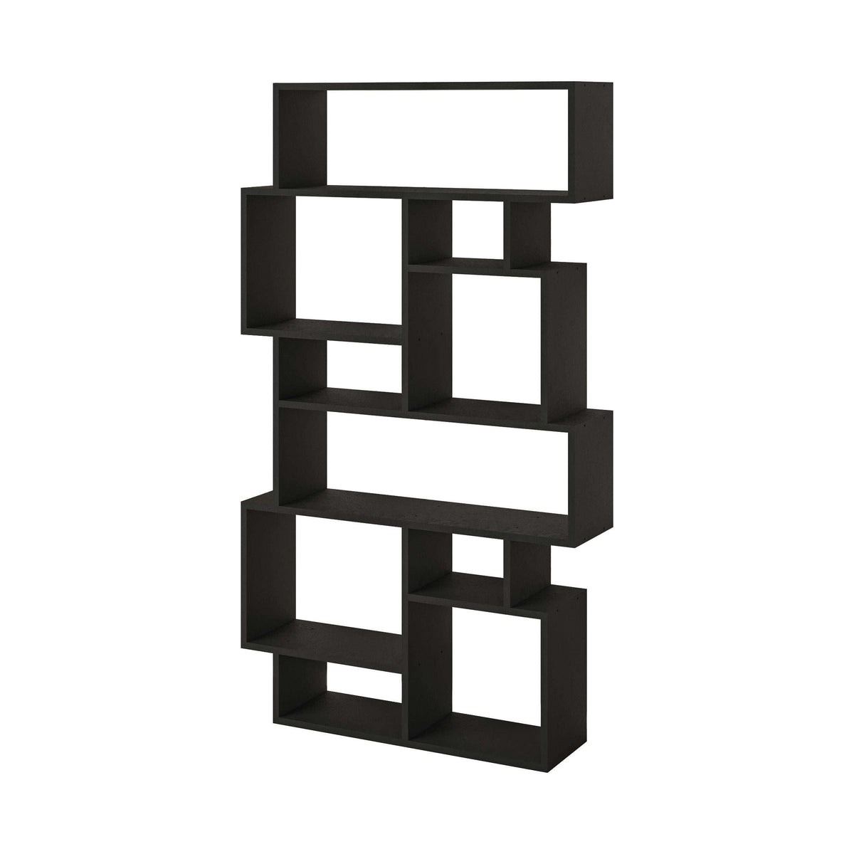 Tall modern bookcase display unit with open cubbies, dark charcoal finish.
