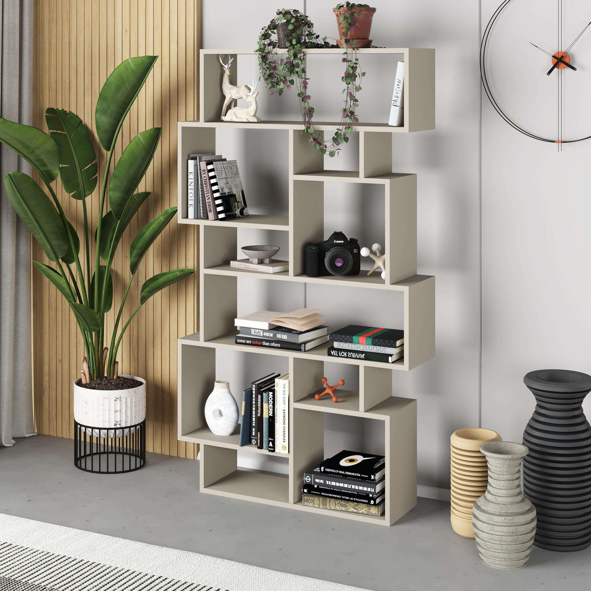 Tall modern bookcase with open cubby shelves in white