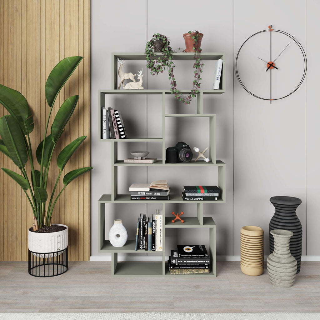 Light grey tall bookcase with open square shelves for books and decorative accessories.