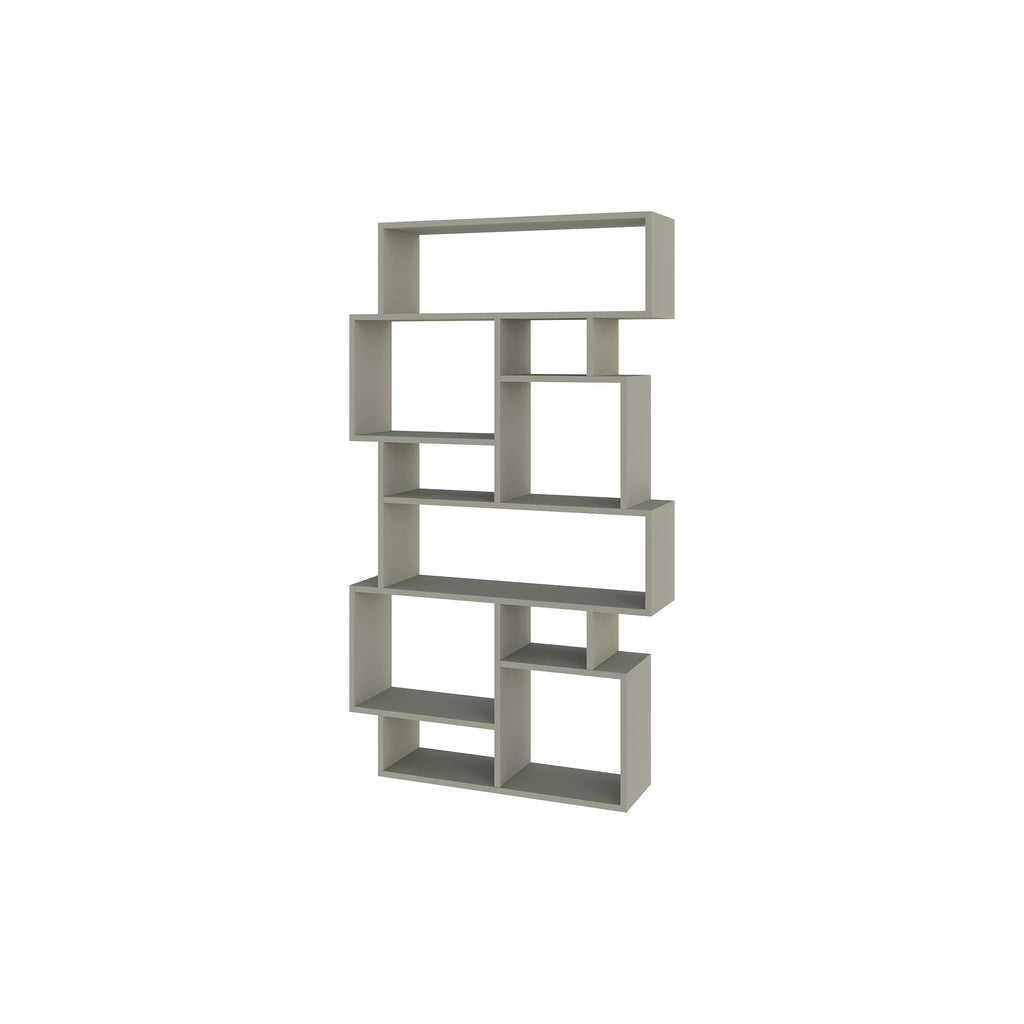 Ash green tall bookcase display unit with open square compartments in a modern frame.