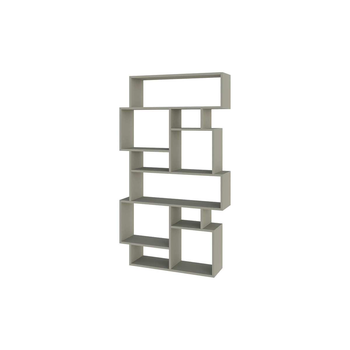 Ash green tall bookcase display unit with open square compartments in a modern frame.