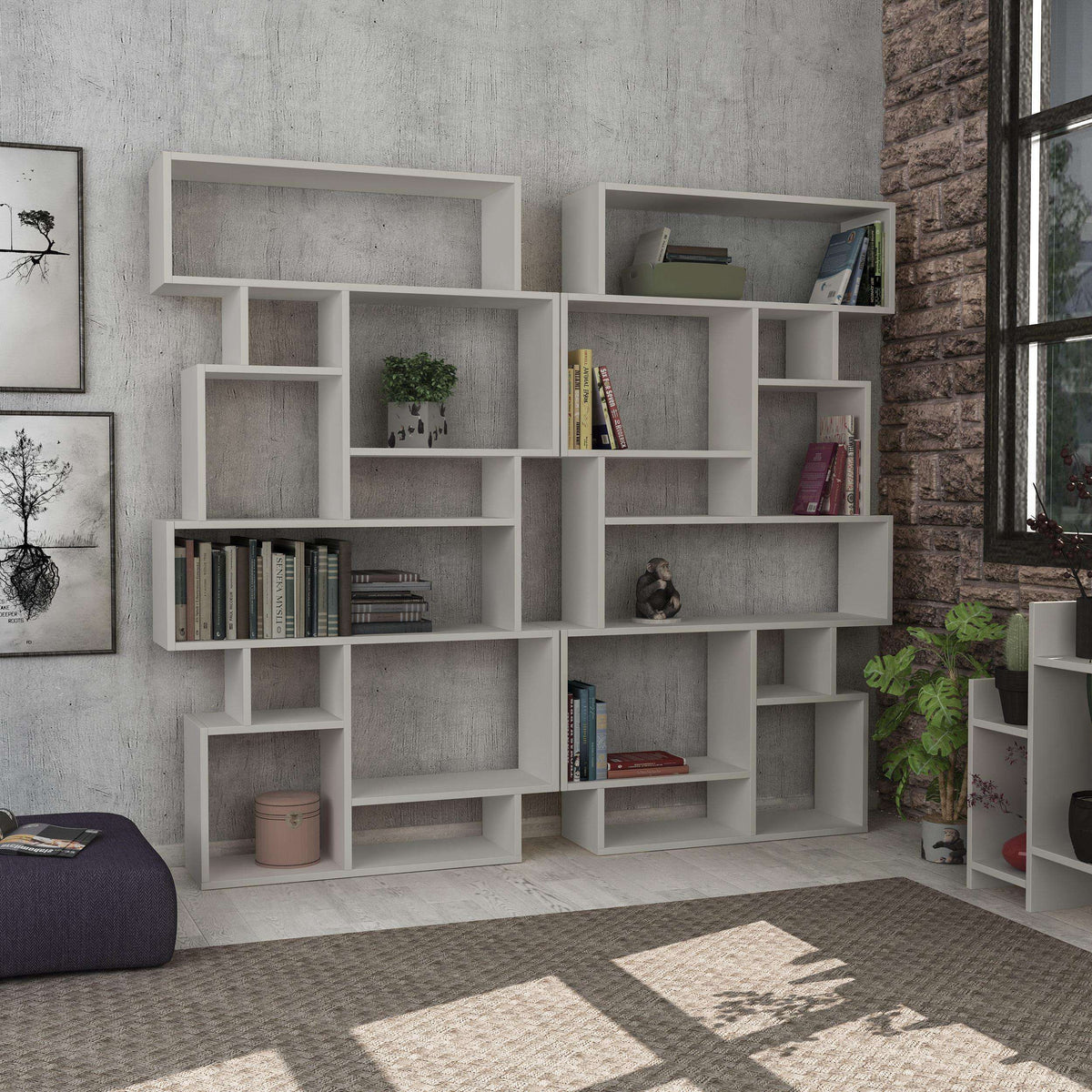 Tall white bookcase display unit with open cubby shelves for books and decor