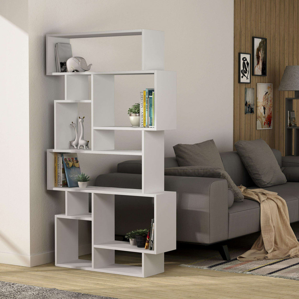 Tall white bookcase display unit with open shelves and cubby openings