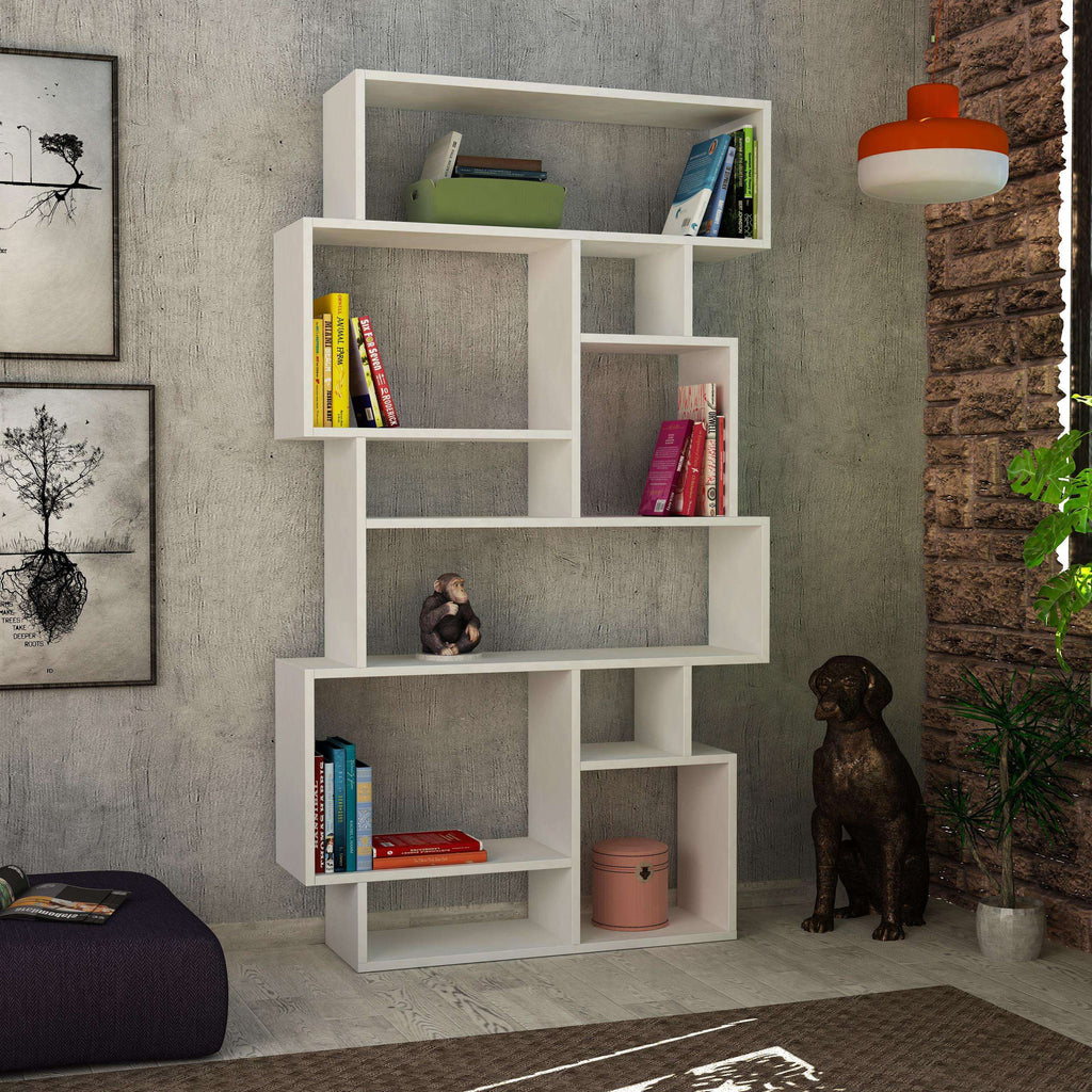 Tall white bookcase display unit with open shelving and cubby compartments