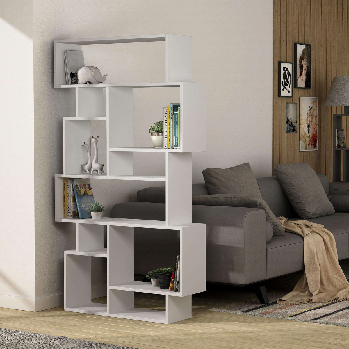 Tall white bookcase display unit with open cubby shelves and centered square openings