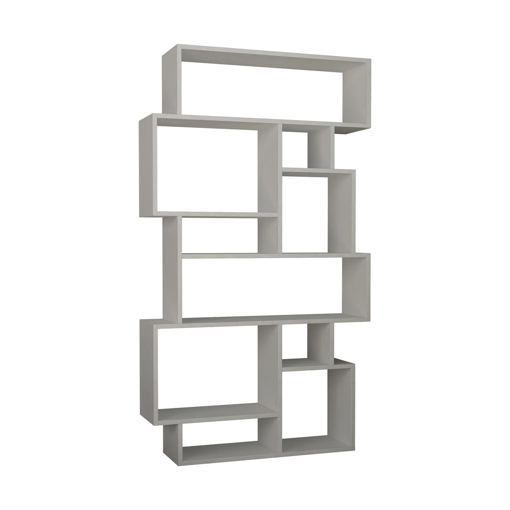 Tall light-grey bookcase display unit shown in open shelving layout