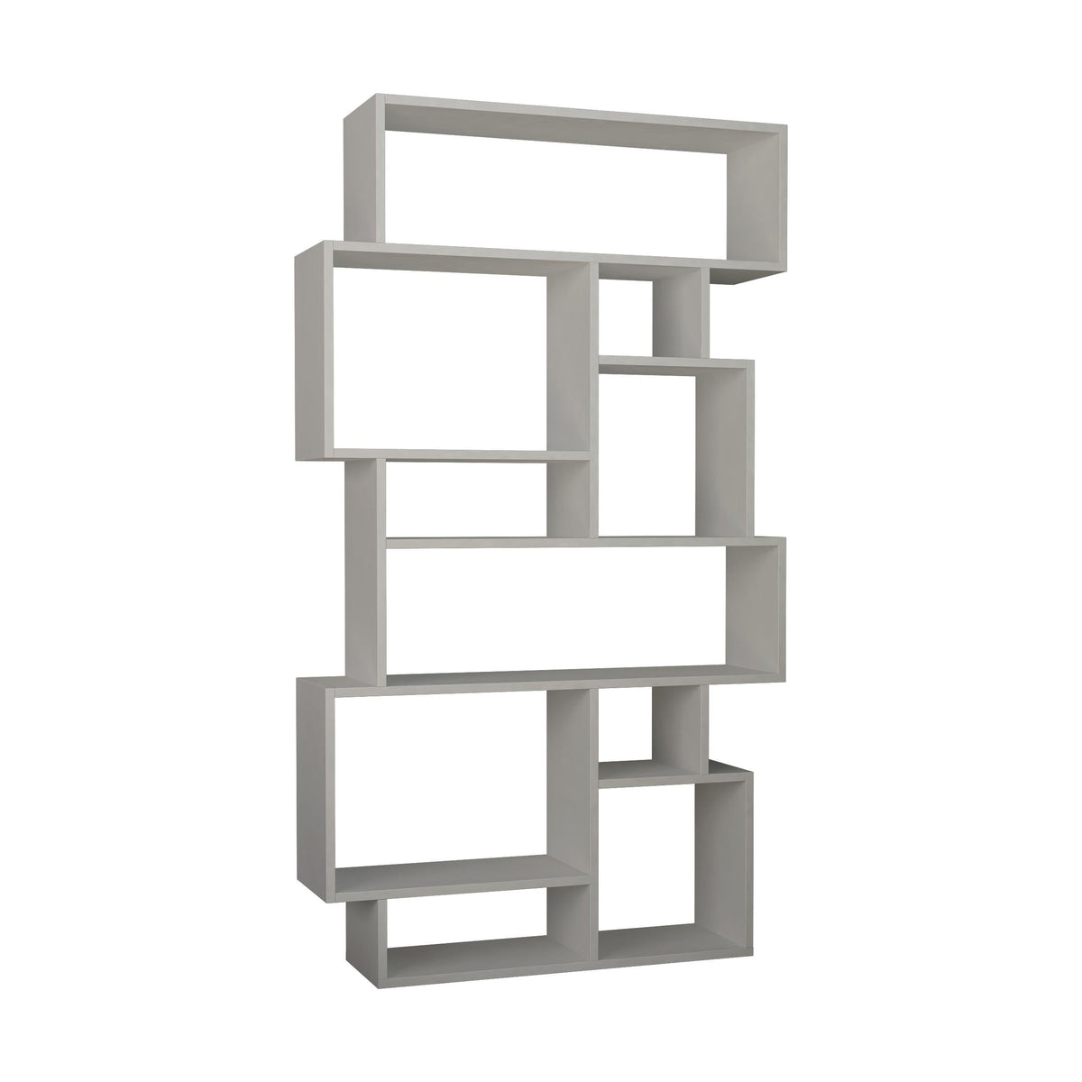 Tall light-grey bookcase display unit shown in open shelving layout