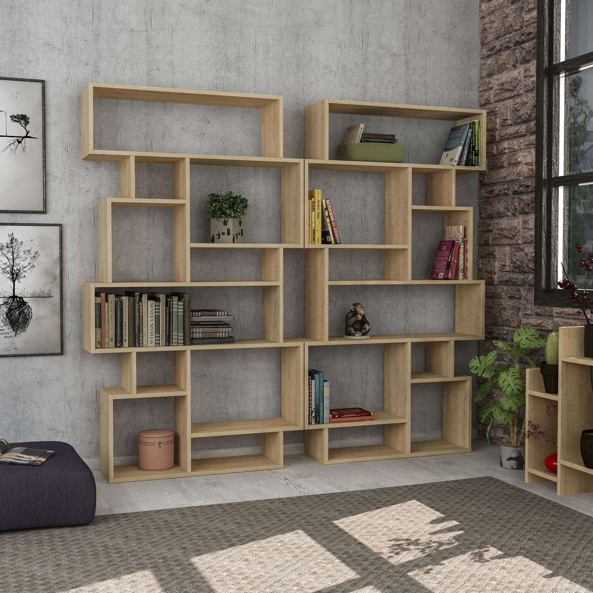 Tall bookcase display unit in light oak with open shelves and symmetrical cubbies