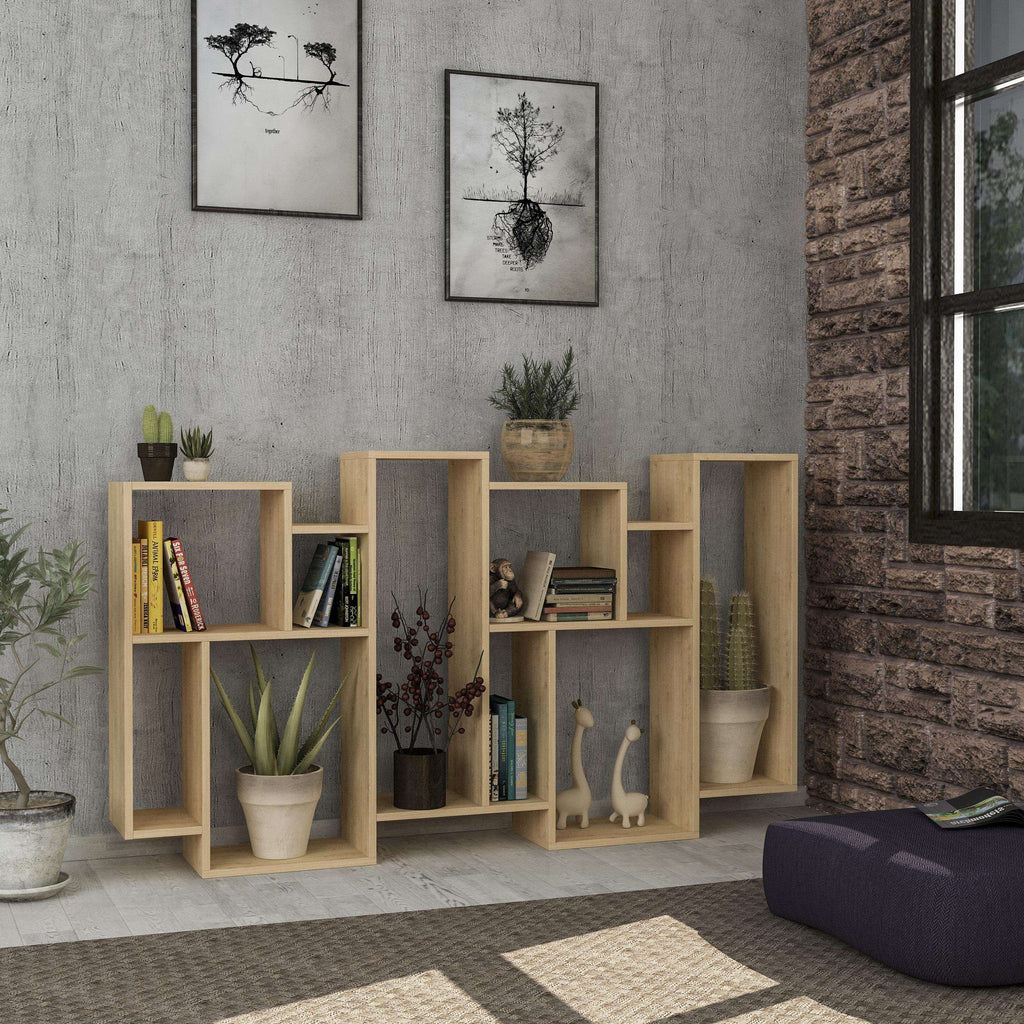 Light oak tall bookcase display unit with multiple open shelf sections and cubbies