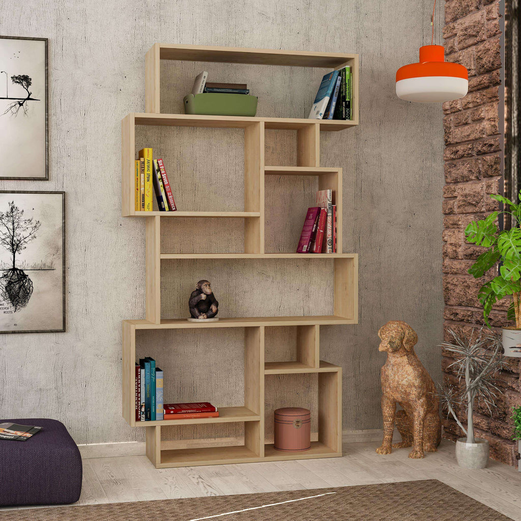 Tall bookcase display unit in light oak with open shelves and square cubbies