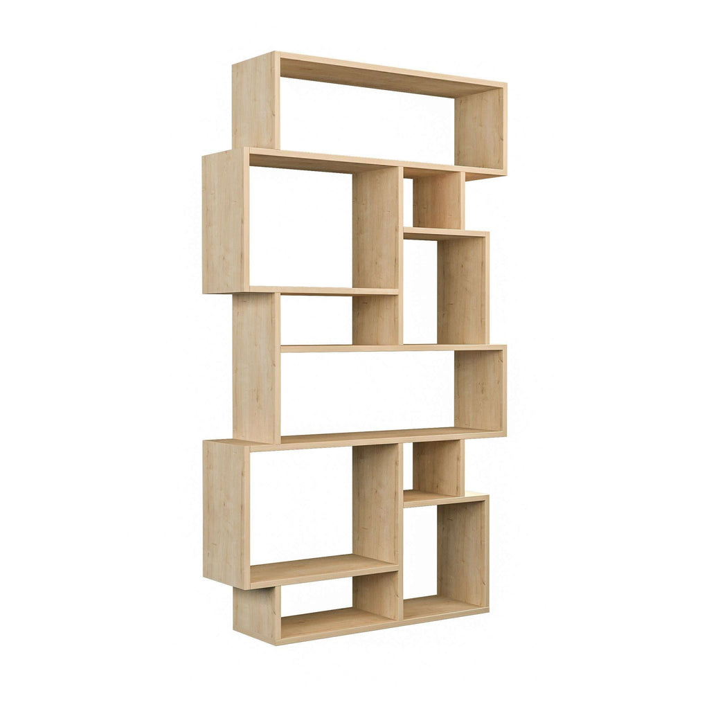 Light oak tall bookcase display unit with open grid shelves, no back panel