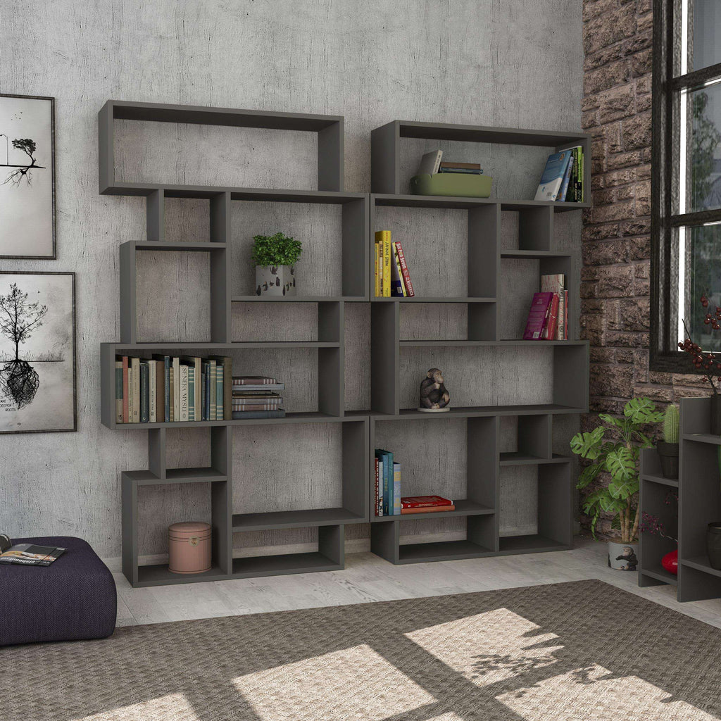 Tall grey bookcase display unit with open cubby shelves for books and decor
