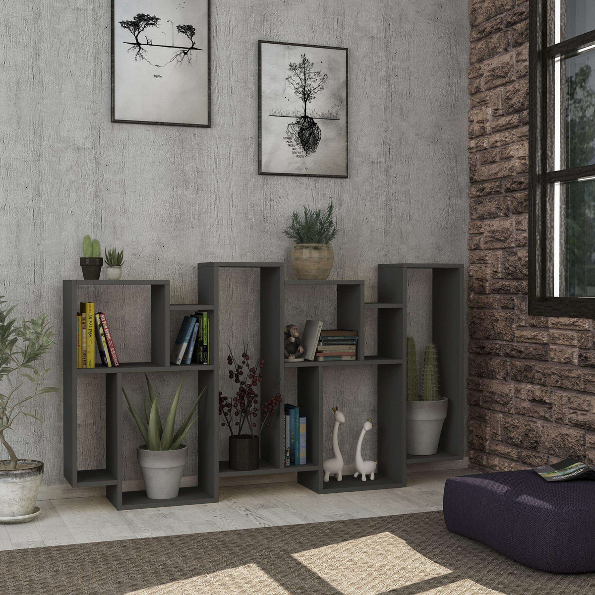 Tall bookcase display unit in dark grey with open cubby shelves and angled ends