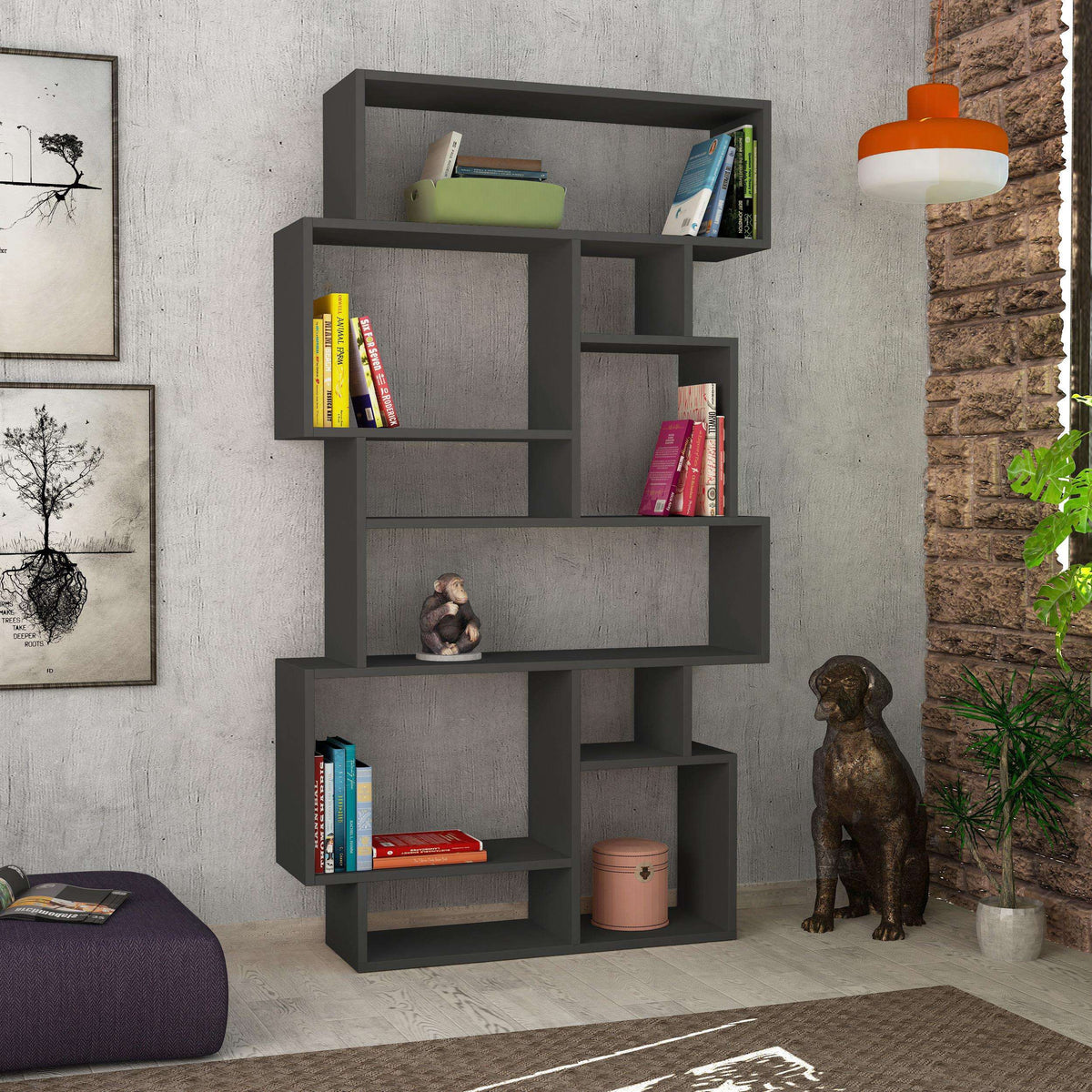 Tall dark grey bookcase display unit with multi-level open shelving