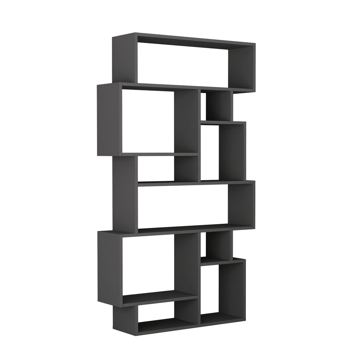 Dark anthracite tall open-frame bookcase display unit with cubby shelves