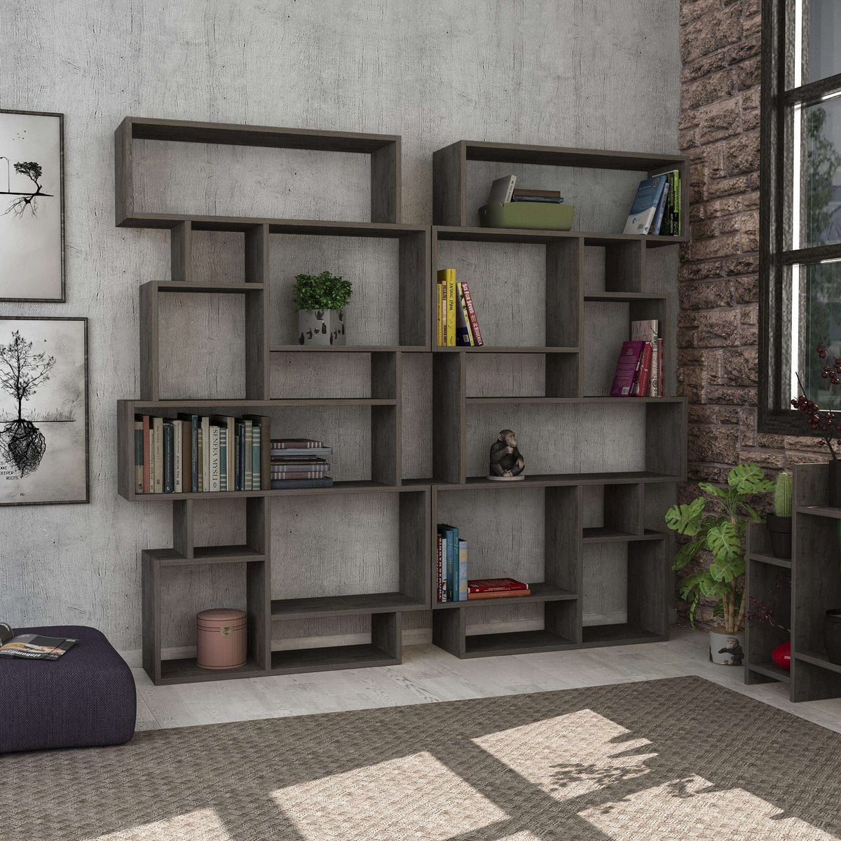 Tall open shelving unit with mixed square compartments, dark coffee wood-effect