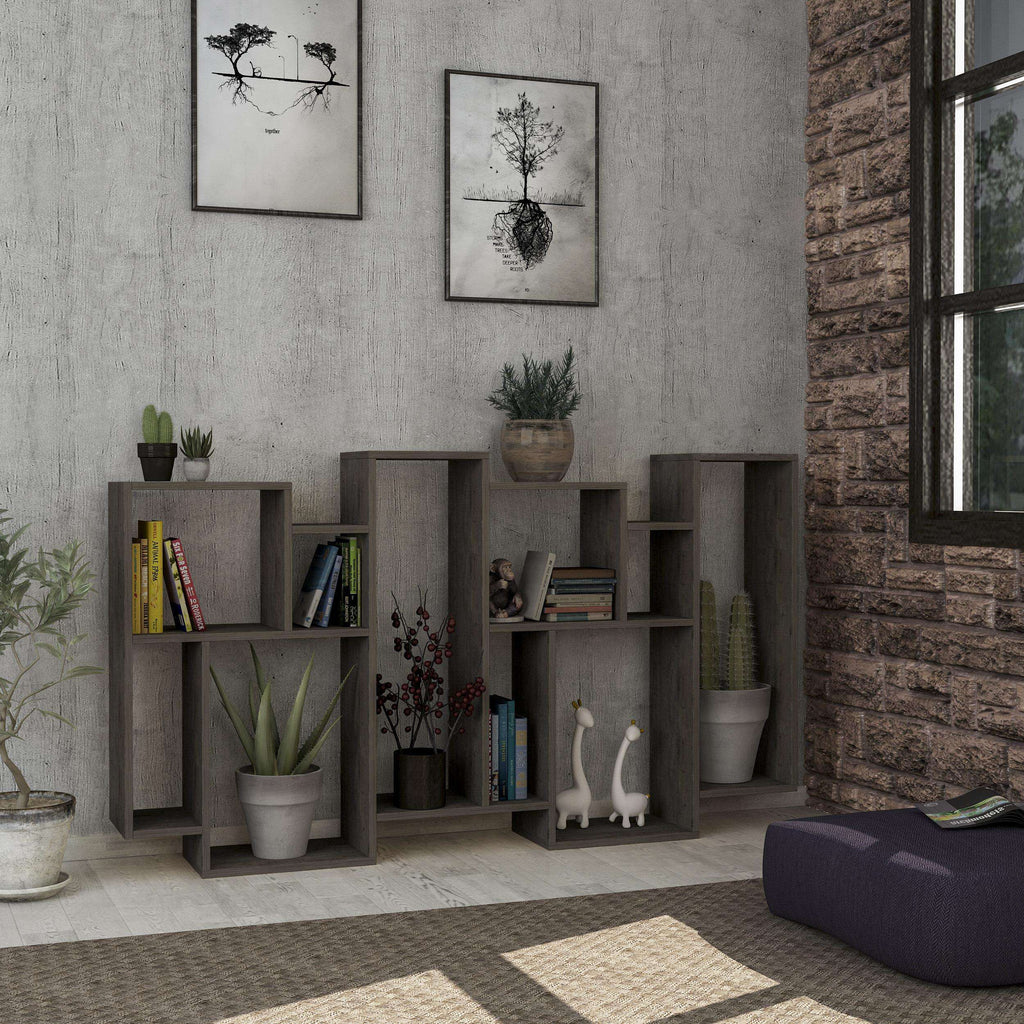 Modular tall bookcase with open cubby shelves, dark coffee wood-effect, corner view