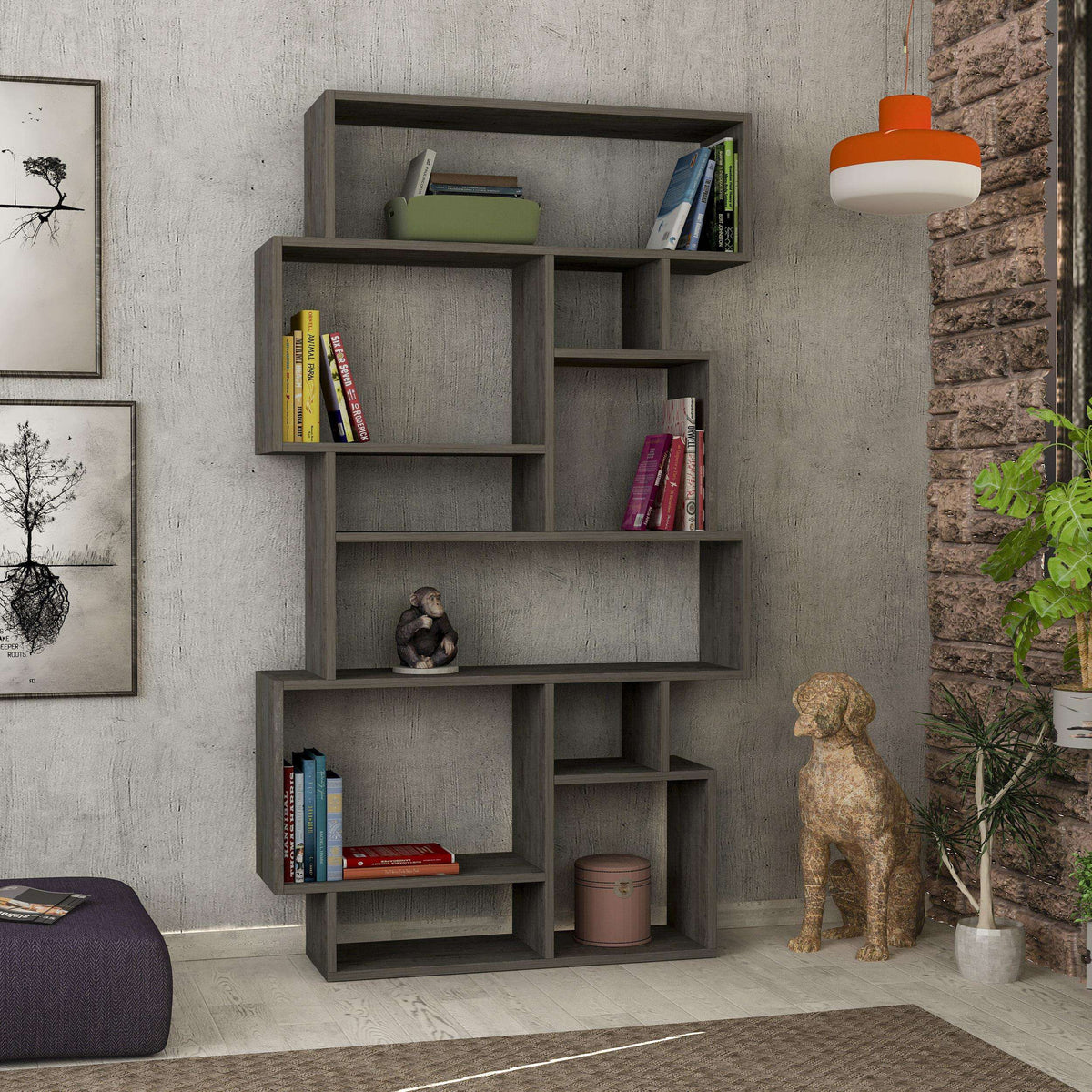 Anthracite tall bookcase display unit with open cubby shelves for books and ornaments.