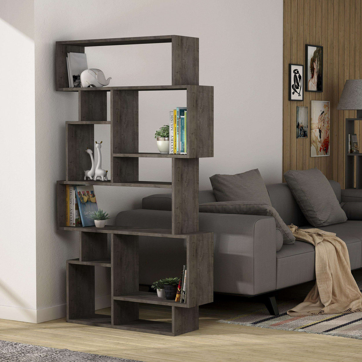 Tall modern bookcase with framed top opening and open cubby shelves, dark coffee