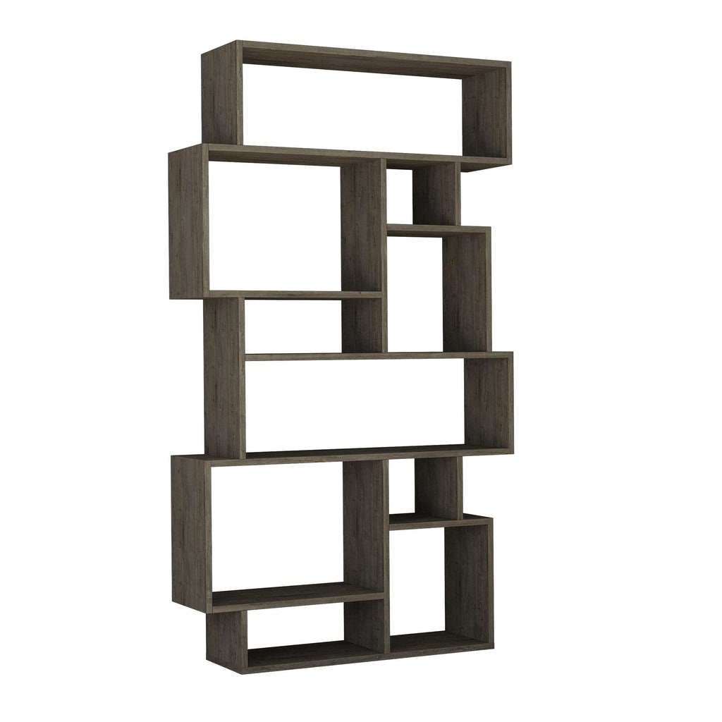 Tall modern bookcase with open square shelves, dark coffee wood-effect finish