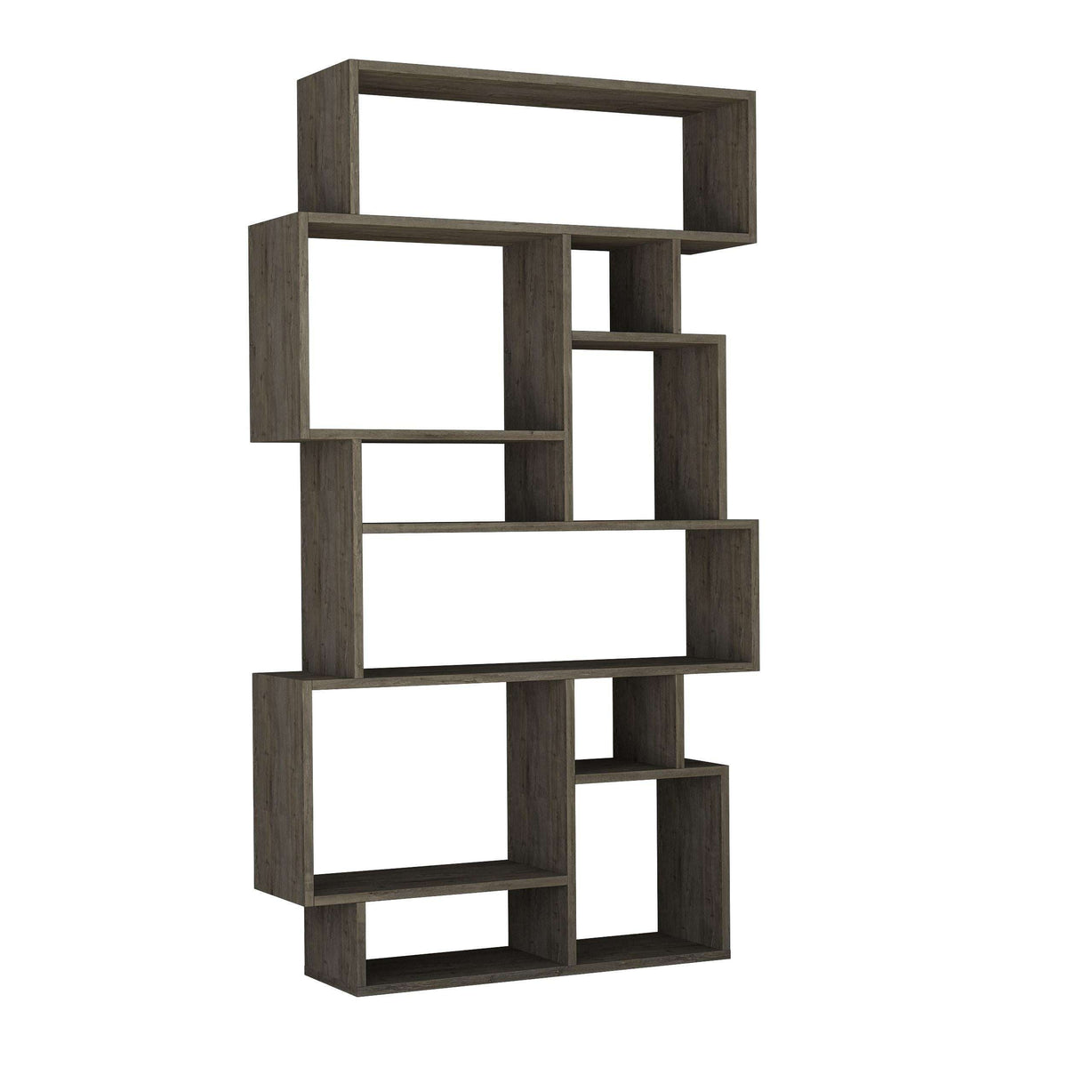 Tall modern bookcase with open square shelves, dark coffee wood-effect finish