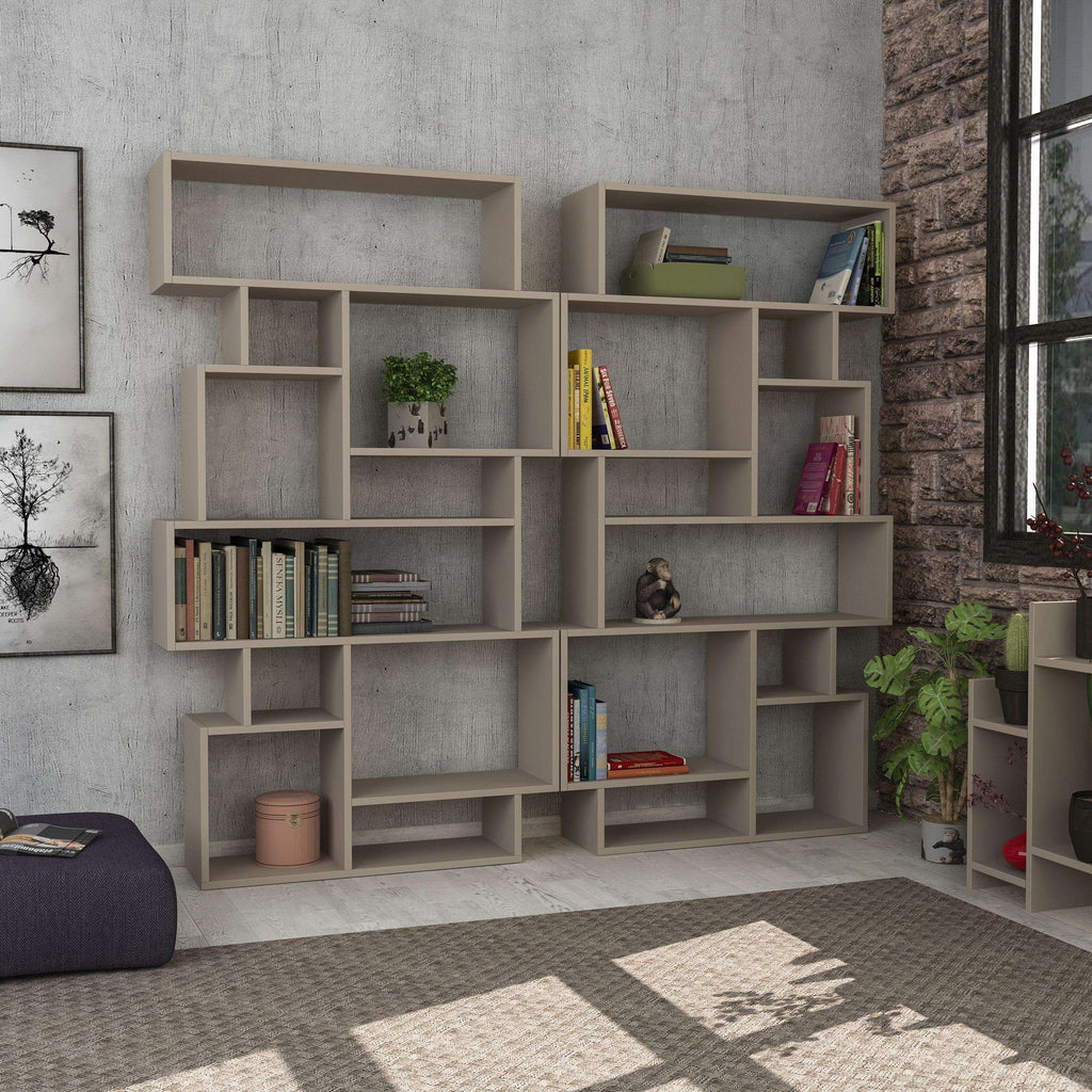 Tall modern bookcase display unit with open cubbies, light gray finish