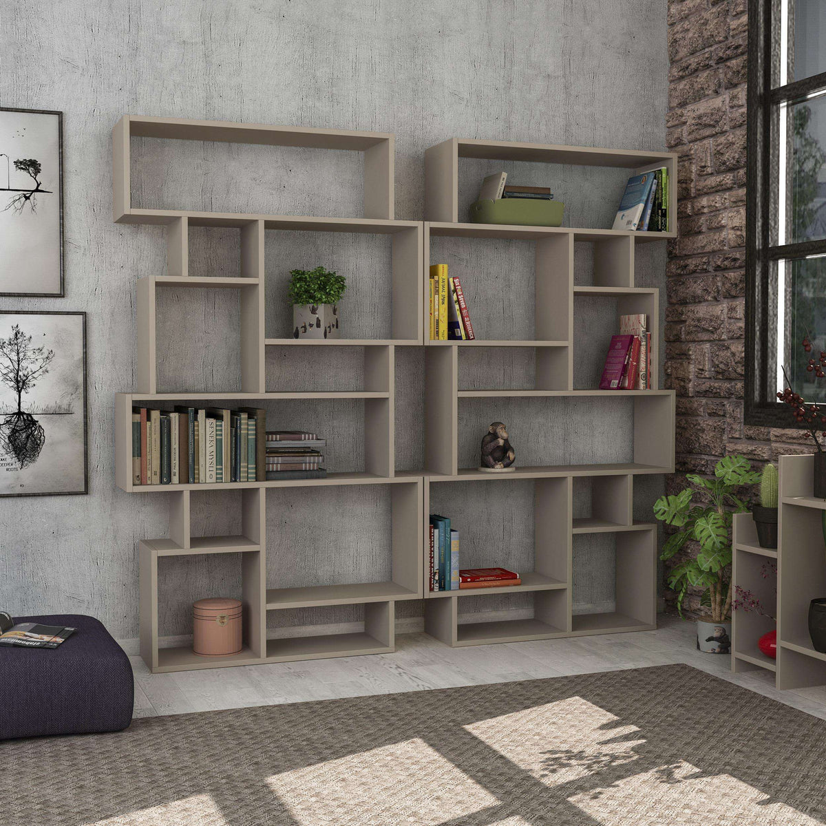 Tall modern bookcase display unit with open cubbies, light gray finish