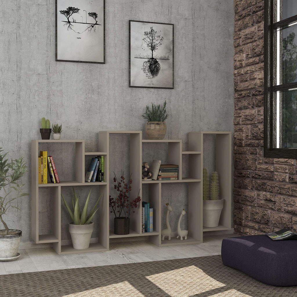 Tall modern bookcase display unit with open cubbies, light gray
