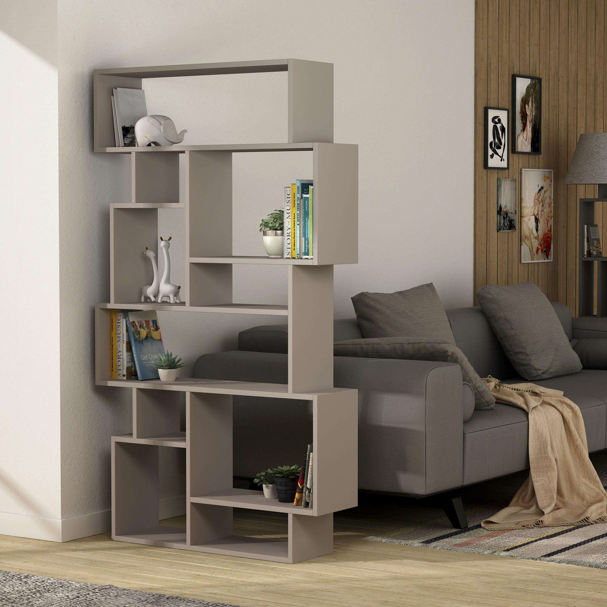 Tall modern bookcase display unit with open cubbies, light gray finish