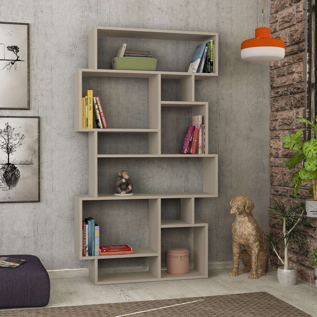 Tall modern bookcase display unit with open cubbies, light gray finish