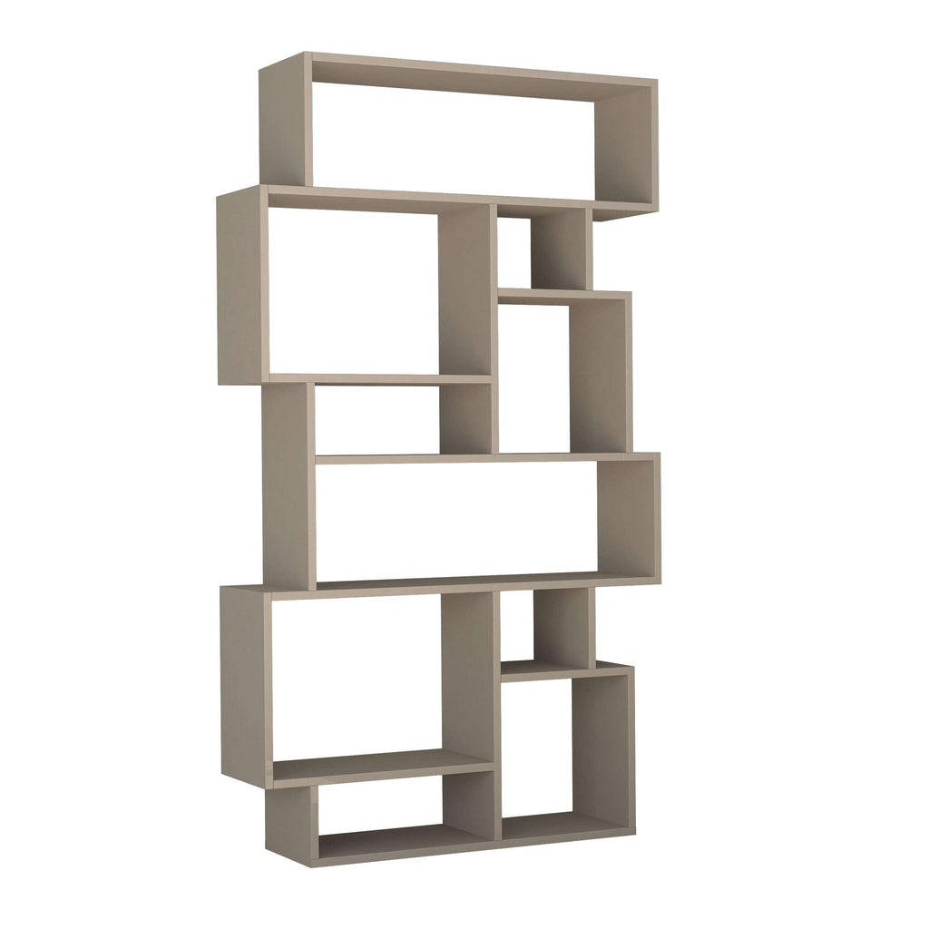 Tall modern bookcase display unit with open cubbies, light gray