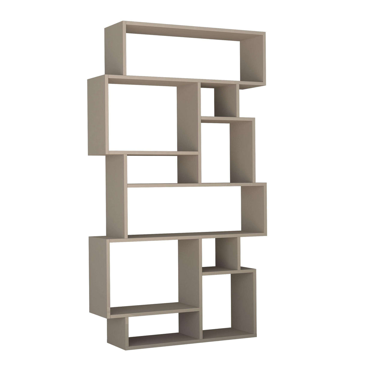 Tall modern bookcase display unit with open cubbies, light gray
