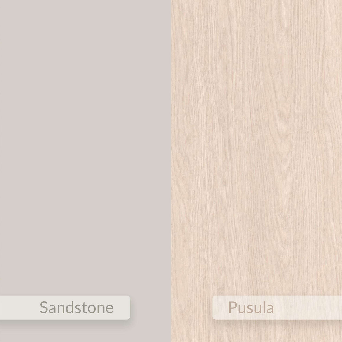 Sandstone wood finish sample panel labeled Pusula