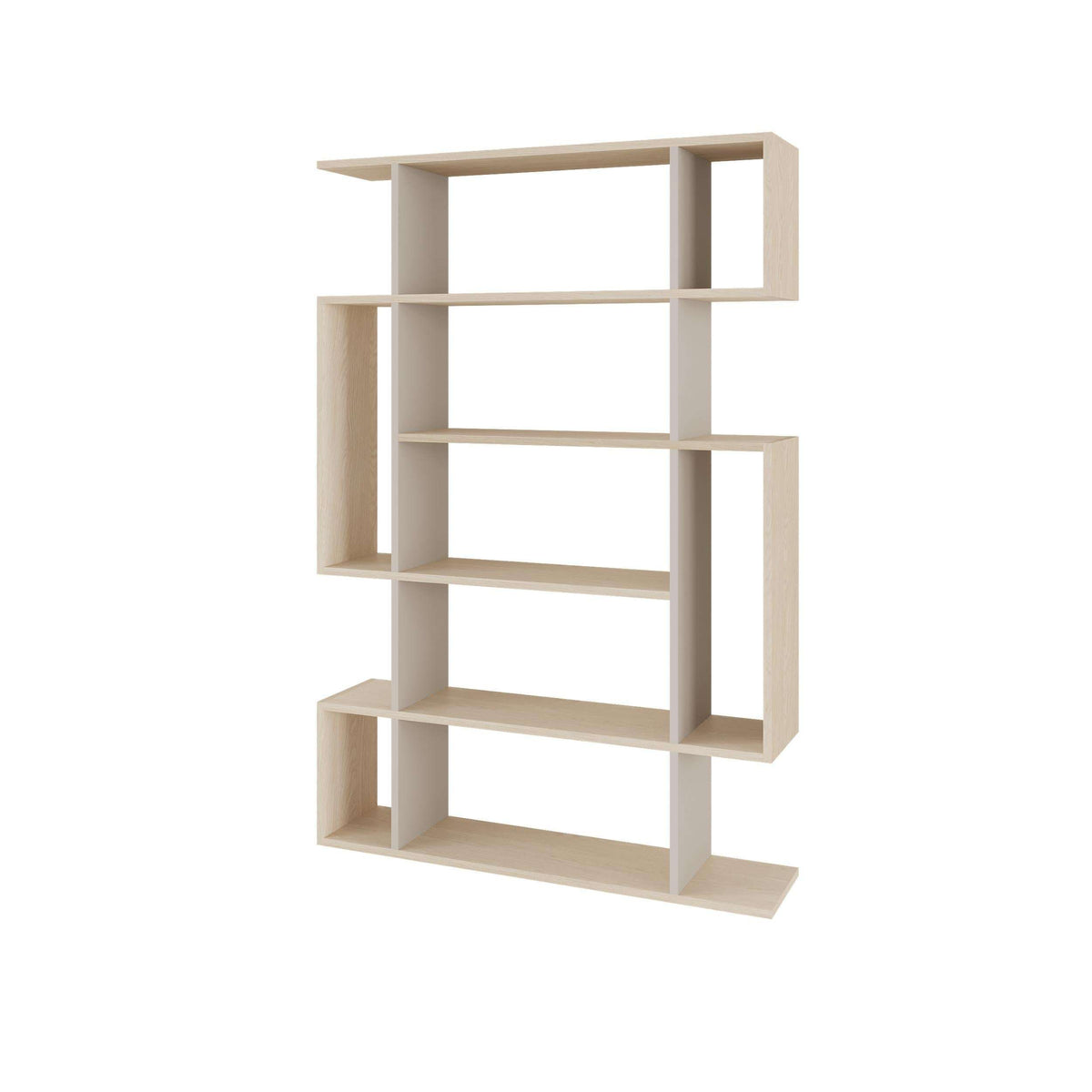 Tall open bookcase display unit in light wood with grid-style shelving