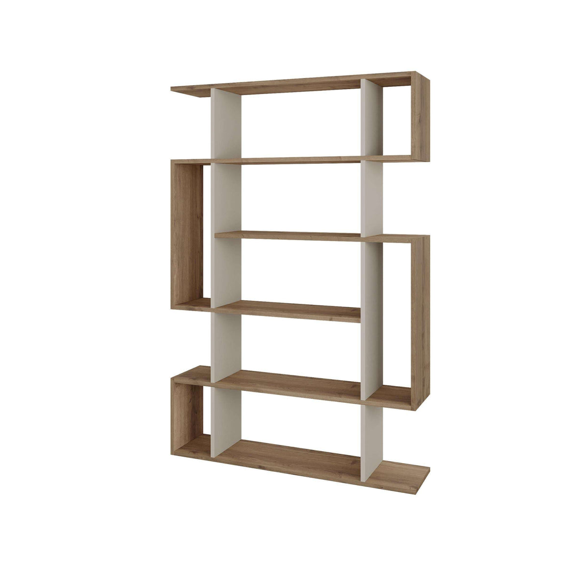 Tall open bookcase with shelves, light oak and light grey wood-look panels