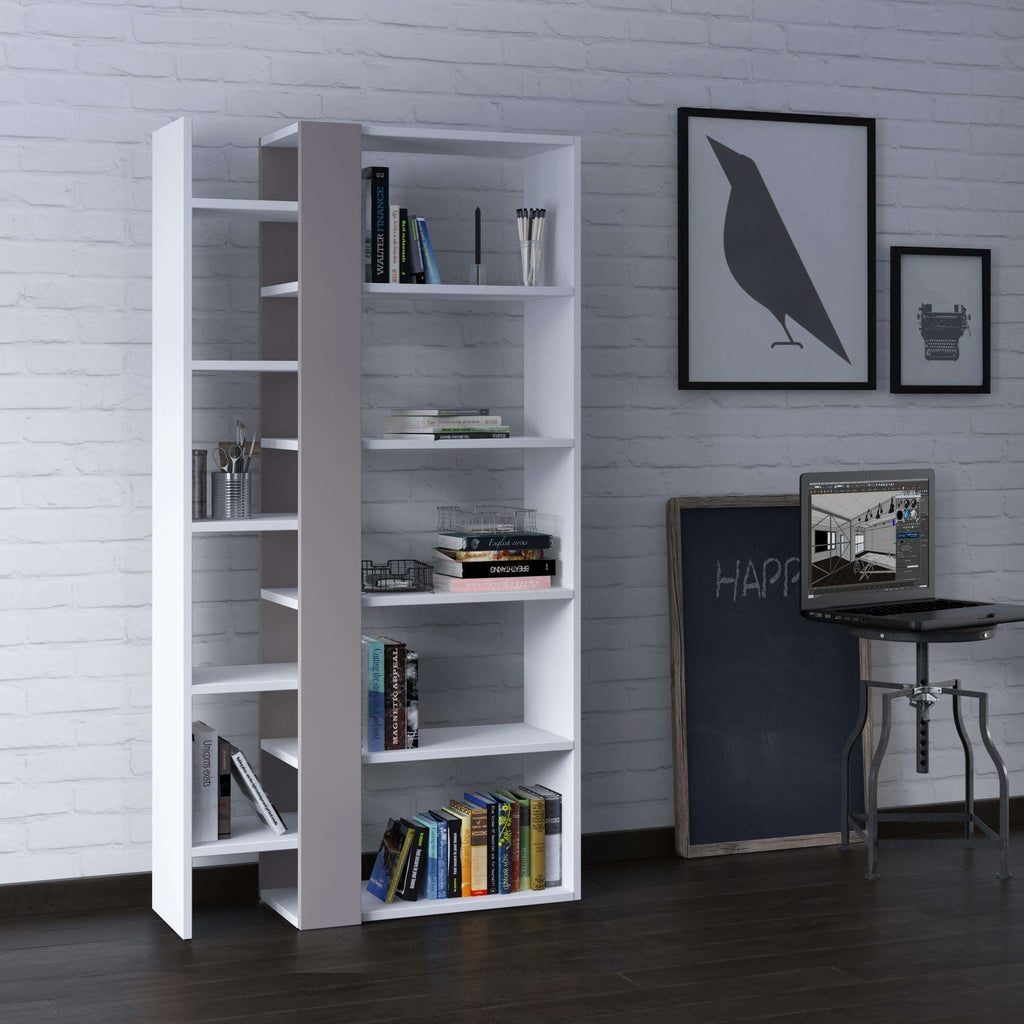 Tall bookcase display unit with open shelves, light grey frame and white inner panels