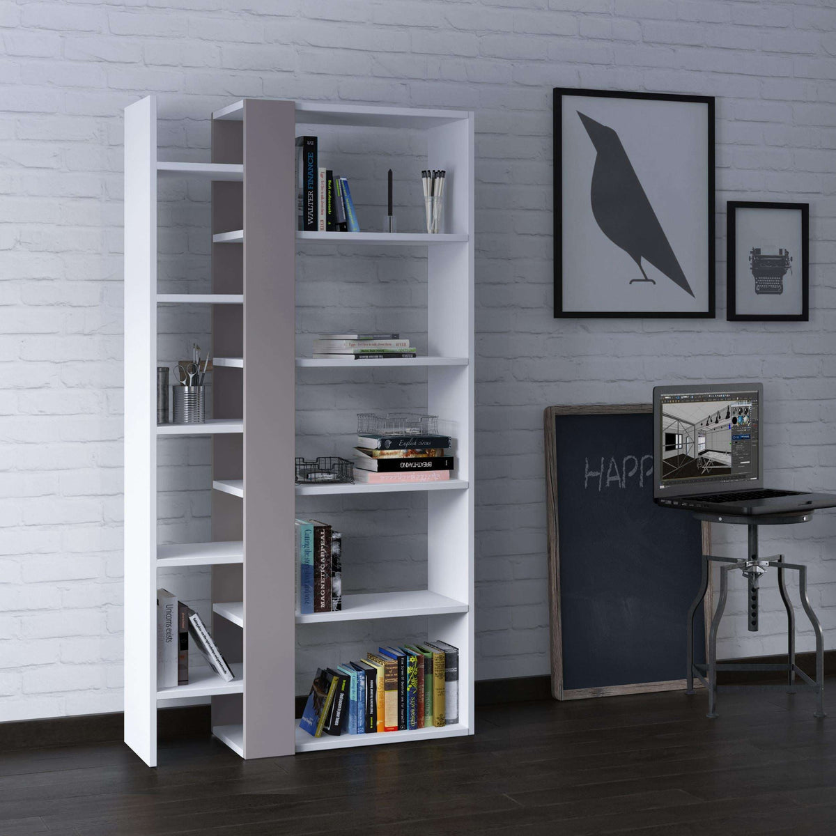 Tall bookcase display unit with open shelves, light grey frame and white inner panels