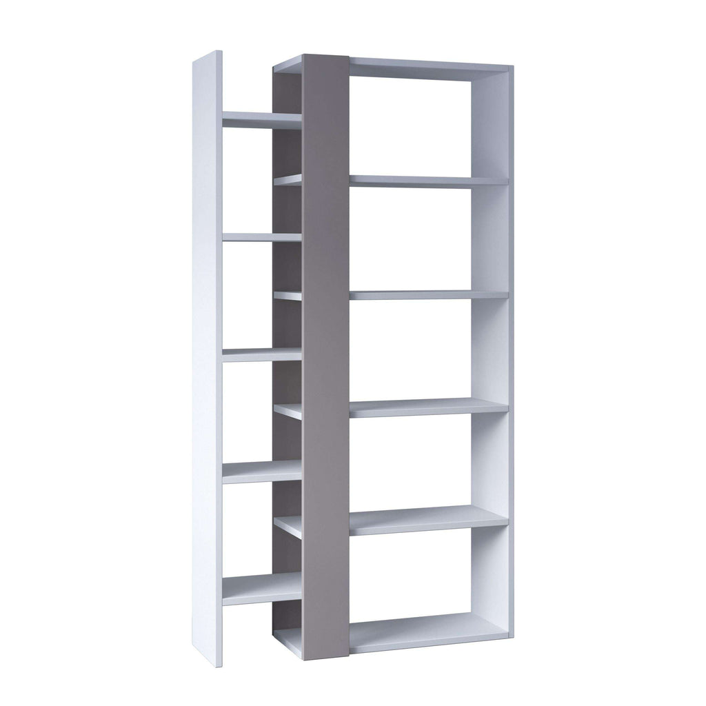 Tall bookcase display unit with open shelves, two-tone light and grey finish