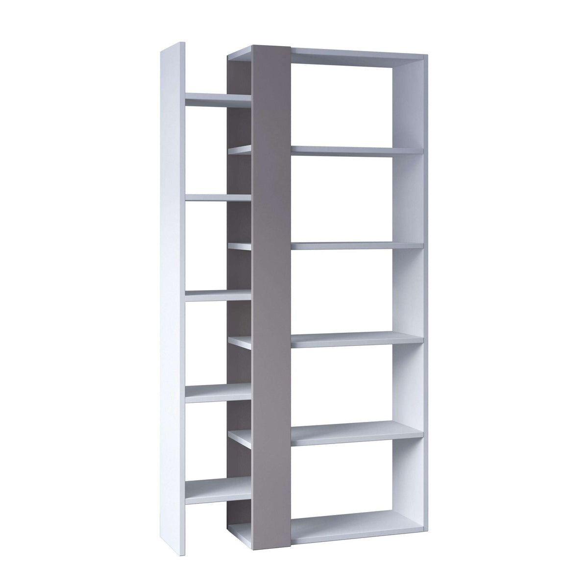 Tall bookcase display unit with open shelves, two-tone light and grey finish