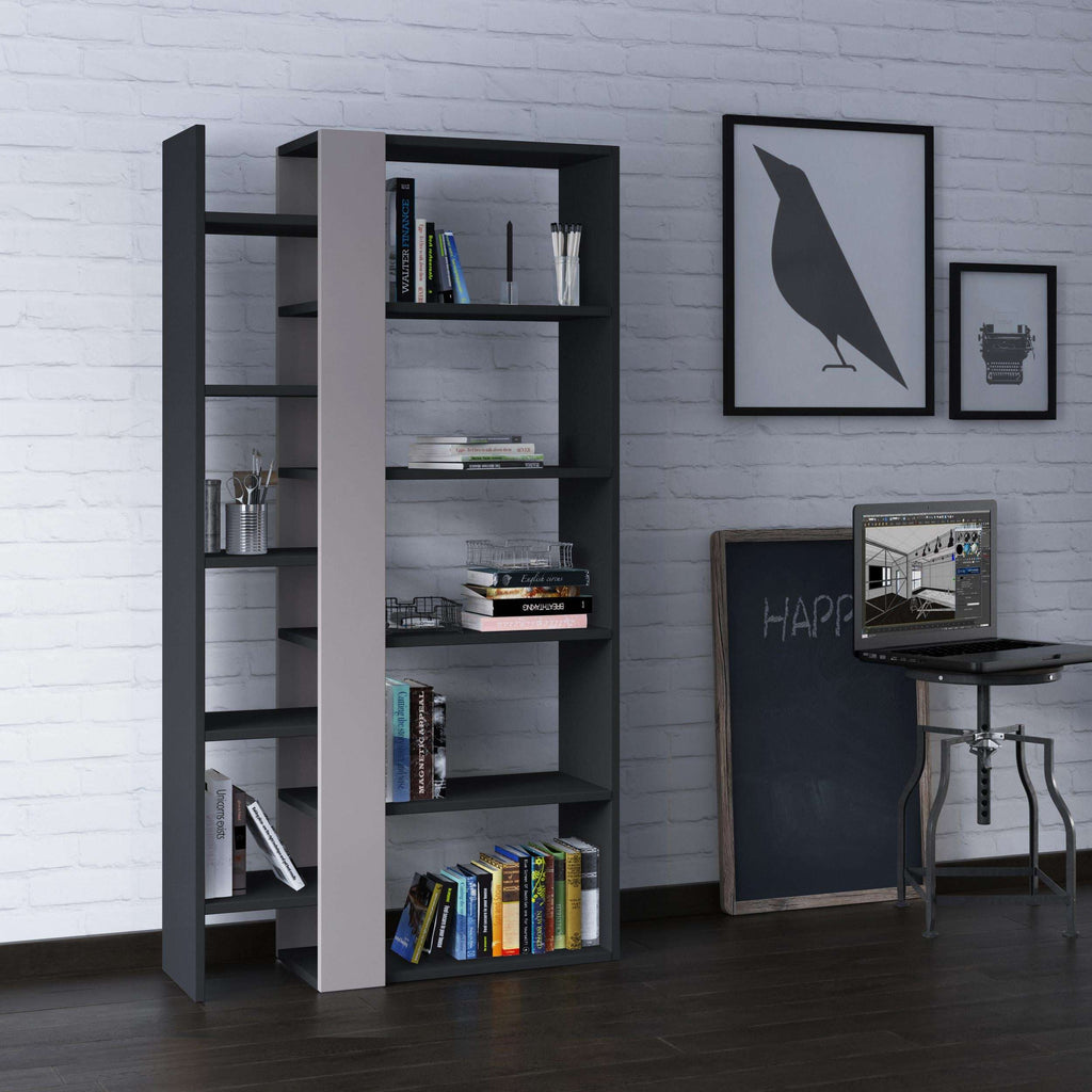 Tall bookcase display unit with open shelves, dark frame and light grey body