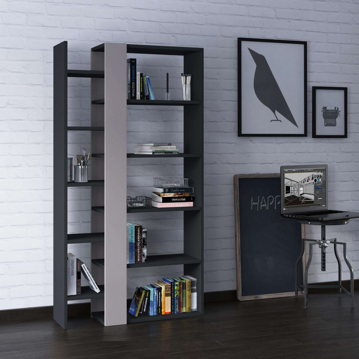 Tall bookcase display unit with open shelves, dark frame and light grey body