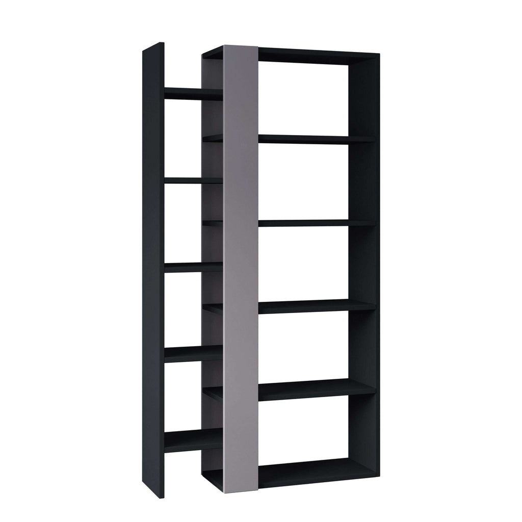 Tall bookcase display unit with open shelves, dark outer sides and light grey center panel