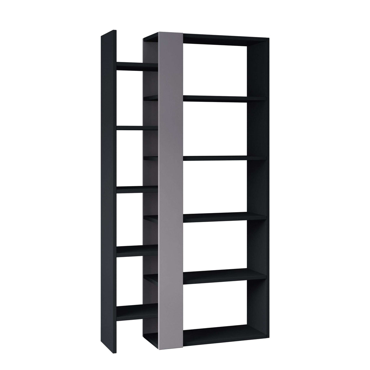 Tall bookcase display unit with open shelves, dark outer sides and light grey center panel
