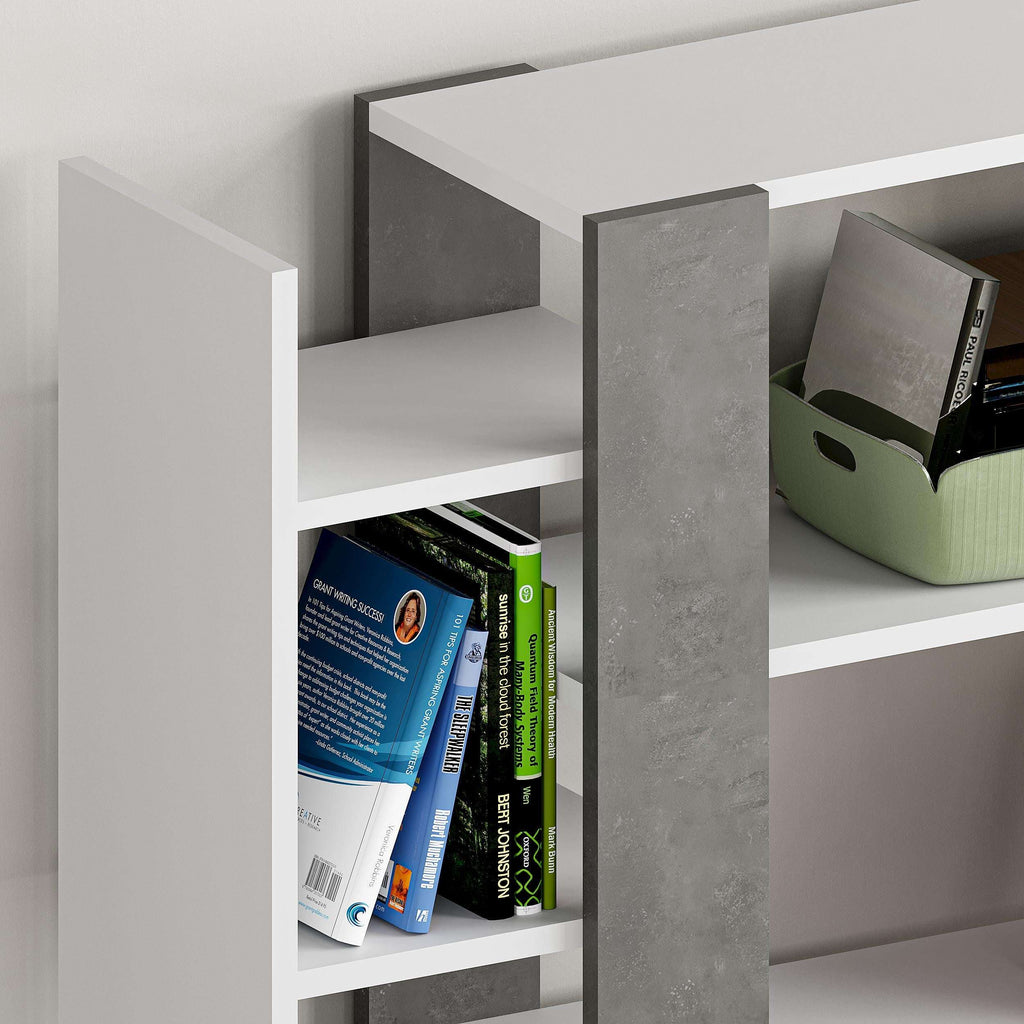 Open bookcase shelving with books and binders, white compartments with dark grey sides